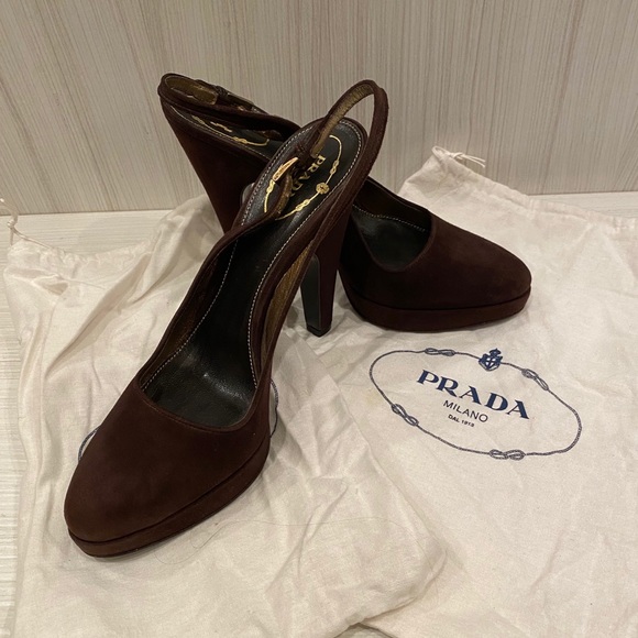 Prada Brown Suede Platform Slingback Heels